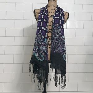 Purple plaid and paisley sheer scarf with fringe